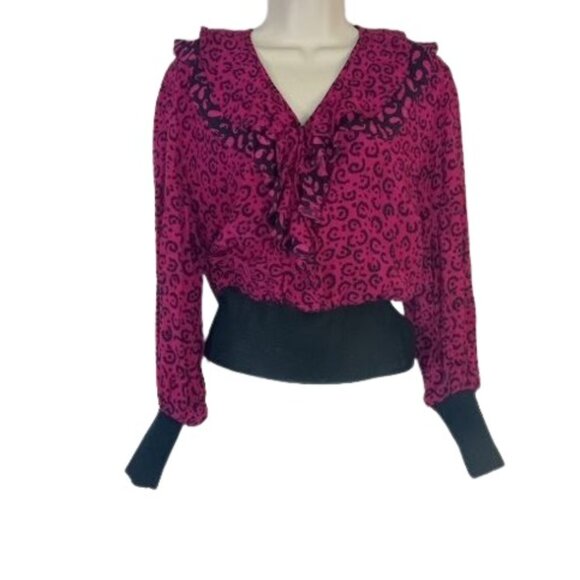 Vintage Assorti  X Susan Fries Blouse Purple Leopard Print Ruffled Fitted Hem S - Picture 1 of 4